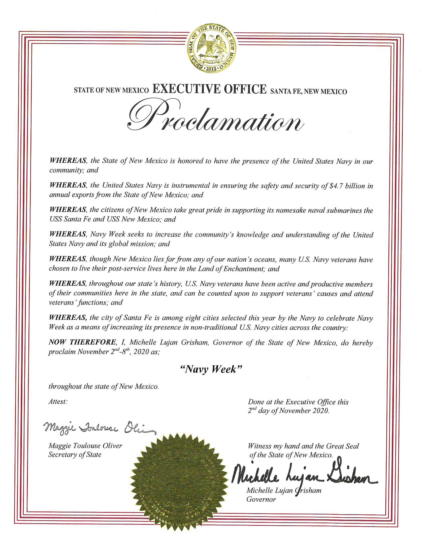 New Mexico Navy Week Proclamation 2020